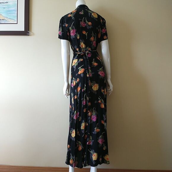 VTG Expo Maxi Wrap Dress 6 Black Floral Short Sleeve Made In USA Cottagecore 80s - Picture 7 of 11